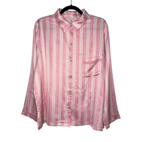 Victoria’s Secret Women’s Large Satin Pajama Top Pink Stripe Button Up Shirt - Picture 1 of 5